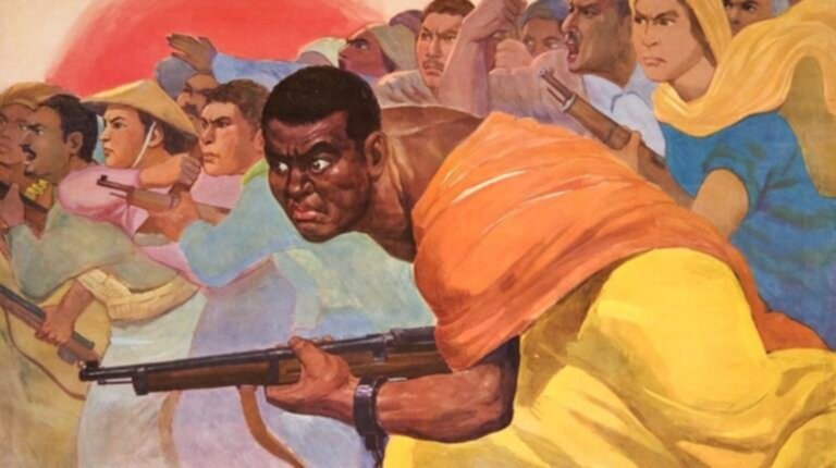 Manifesto che mostra popoli asiatici, africani e sudamericani in lotta per la libertà; basato su un dipinto di Zhou Ruizhuang Terre (r)esistenti